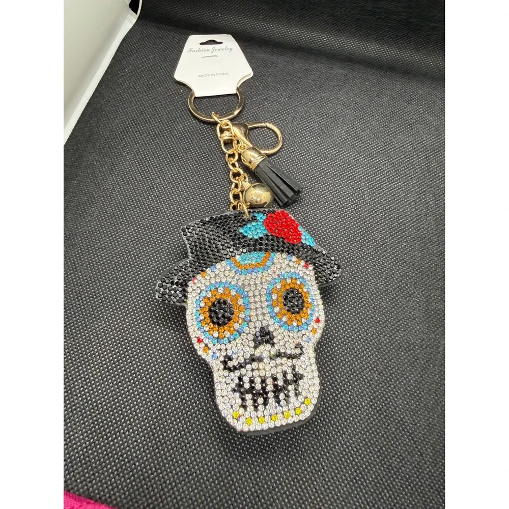 Sugar Skull Rhinestone Keychain Day of the Dead Calavera Tassel Bag Charm Gold